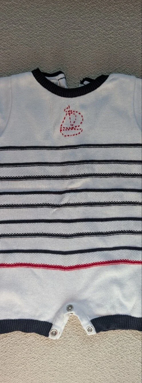White & Navy Striped Kids Romper with Red Accent Feltman Brothers